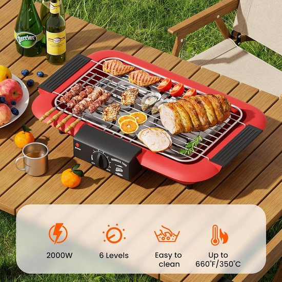 KZQ Elektrische Bbq Grill Rookvrij Met Anti Aanbaklaag Voor Binnen En Buiten - 2000w Dubbelbuis Hoog Vermogen Draagbare Afneembare Standaard Grill Voor Bbq Party - Rood van kzq — afbeelding 5