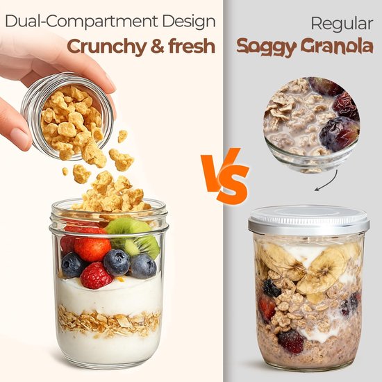 Dubbellaagse havermoutpotten - Set van 2 - 100 ml + 500 ml - Draagbare dubbellaagse yoghurtbekers - Scheiding van droge en natte ingrediënten - Ook geschikt voor chiazaadpudding, ontbijtgranen, noten, fruit, maaltijden en salades - Transparant — afbeelding 5