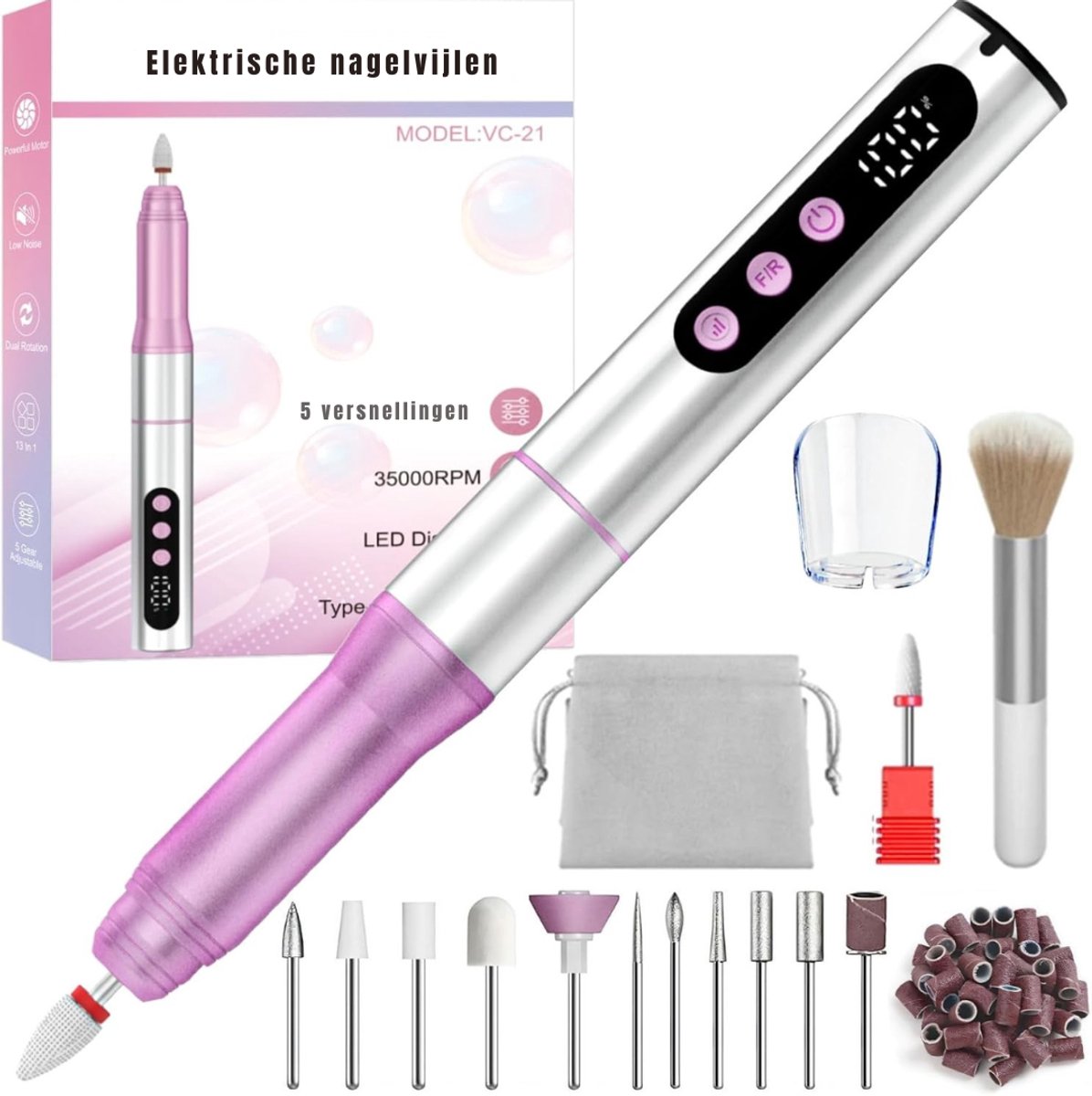 TIM® Nagel spullen - Elektrische Nagelvijl - Nagelfrees - Zilver/Roze - 15cm x 3cm x 17cm