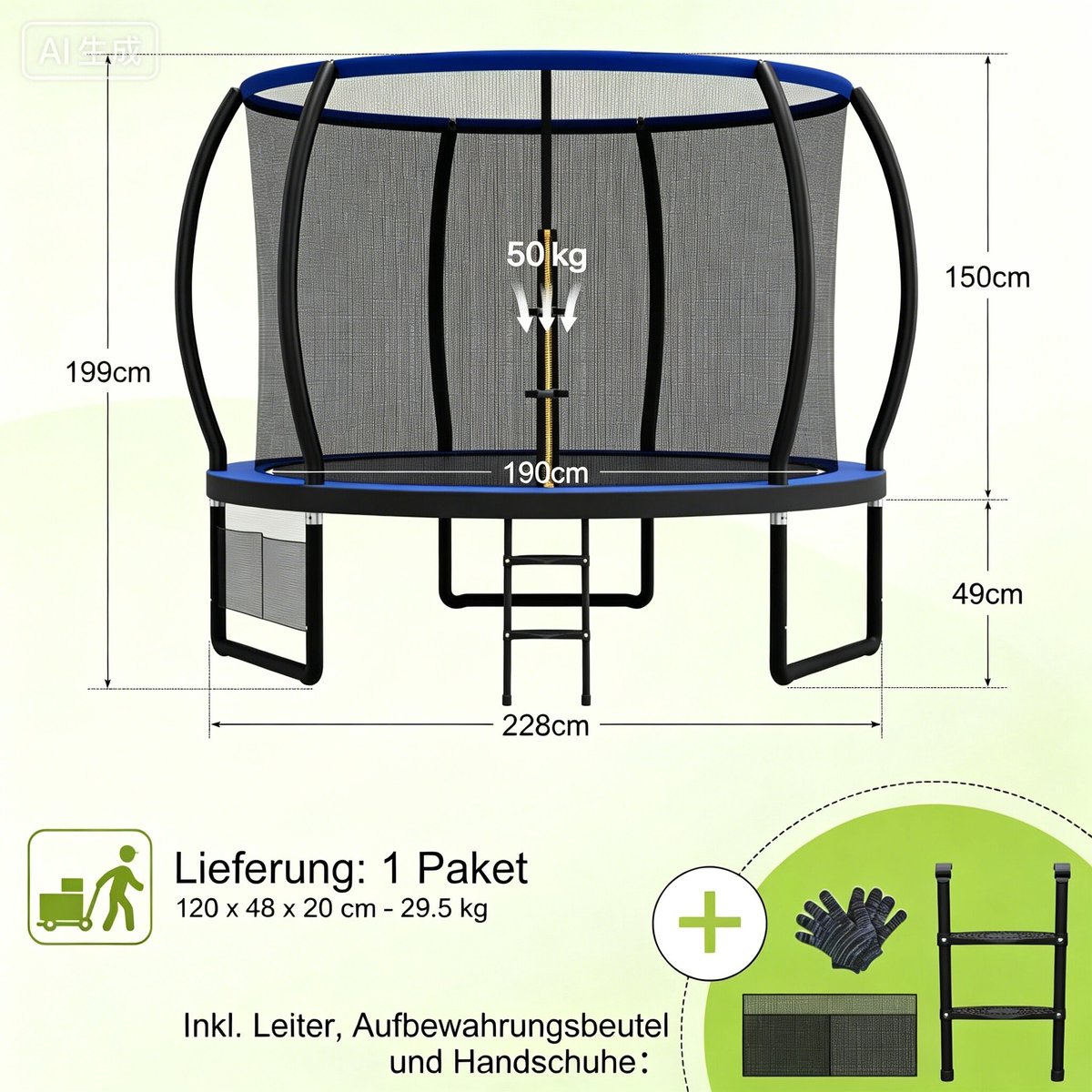 Devoko Trampoline 228 cm / 7.5 ft – Ronde Tuintrampoline met Veiligheidsnet & Ladder, Max. Belasting 50 kg, Diameter 190 cm, Kindertrampoline – Blauw — afbeelding 6