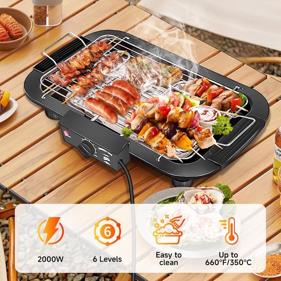 KZQ Elektrische Bbq Grill Rookvrij Met Anti Aanbaklaag Voor Binnen En Buiten - 2000w Dubbelbuis Hoog Vermogen Draagbare Afneembare Standaard Grill Voor Bbq Party - Zwart van kzq — afbeelding 5