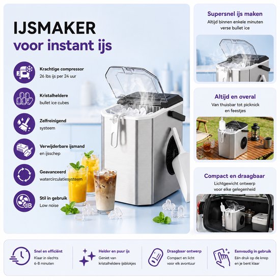 Celestul IJsblokjesmachine - Draagbare Elektrische IJsmachine - Ice Maker - Zelfreinigend - Snelle Productie van IJsklontjes - Compact voor Thuis, Camping en Kantoor — afbeelding 2