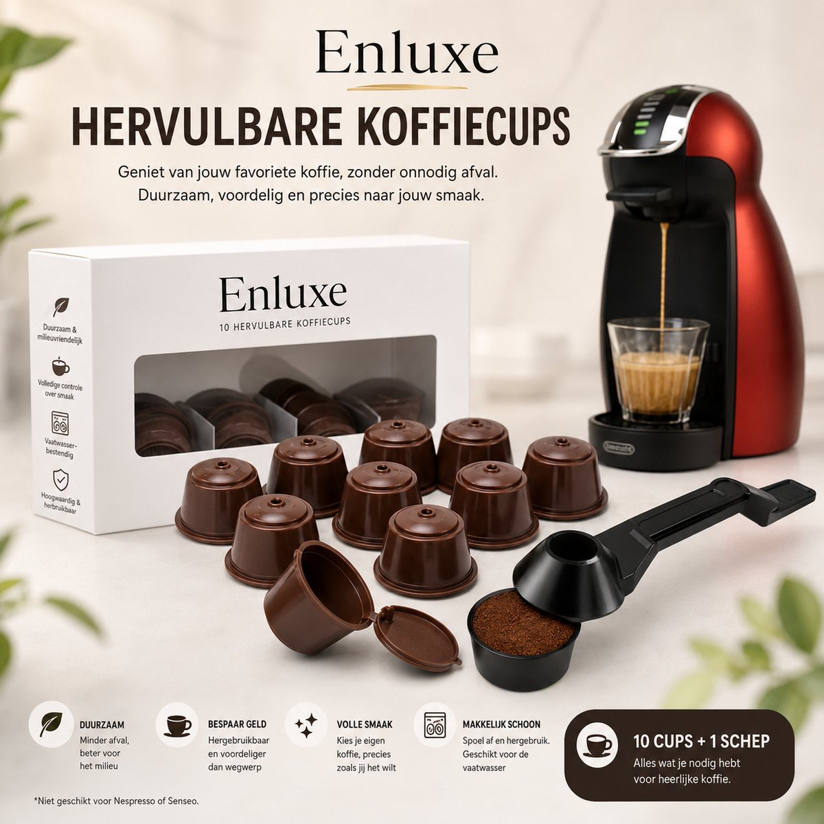 Enluxe Hervulbare Dolce Gusto Koffiecapsules – Set van 10 + Glijdende Koffieschep – Herbruikbare Cups – Duurzaam & Vaatwasserbestendig