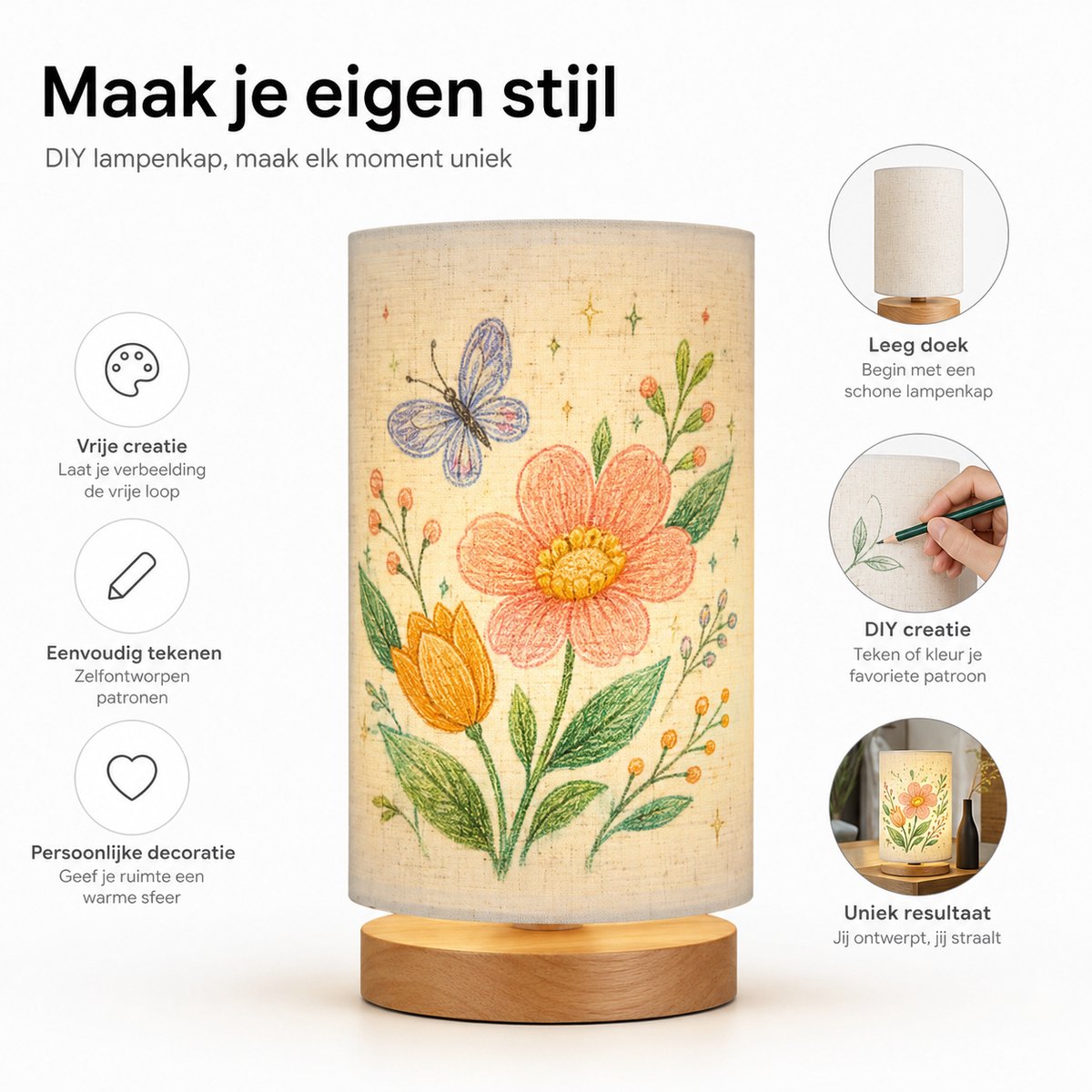 Sounix Tafellamp voor Nachtkastje - 3 Lichtkleuren 3000K/4000K/6000K - Inclusief E27 LED Lamp - Ronde Stoffen Lampenkap - Beige thumbnail 3