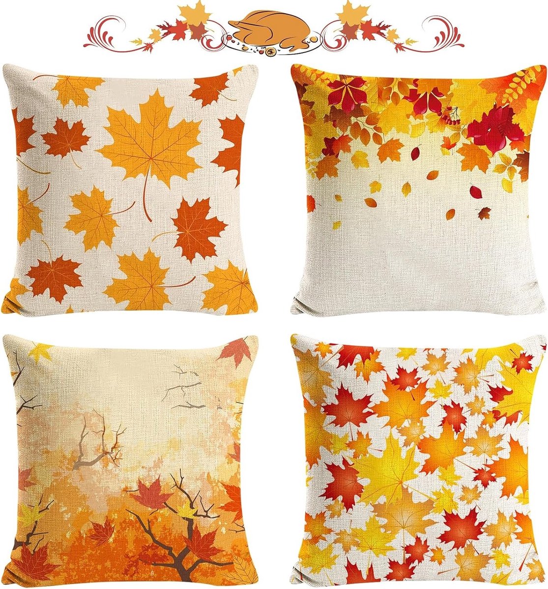 Herfstdecoratie Set van 4 Stuks, 45 x 45 cm, Kussenslopen voor Bank en Bed, Perfect voor Thanksgiving en Herfstthema Decoratie