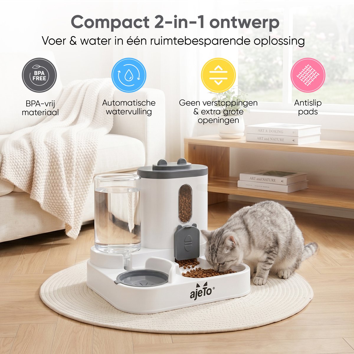 ajeTo Voerbak Kat 2-in-1 met Waterreservoir en Anti-Schrok Functie - afbeelding 2