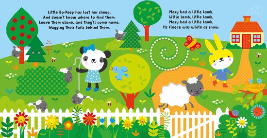 Een kinderboek met liedjes. Op de ene pagina staat een pandabeer met een schaapje, en op de andere pagina een geel konijn en een schaapje.