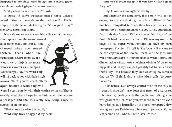 Illustratie van een ninja in zwart met een rode sjaal, die een mes vasthoudt. De tekst 'Word ninja fires a dagger at my back!' staat erbij.