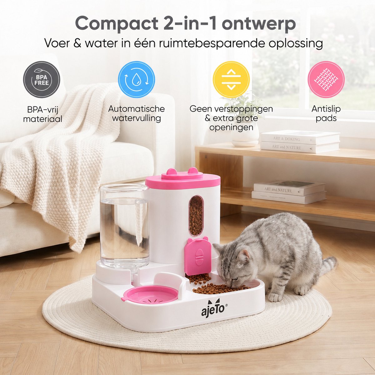 ajeTo Voerbak Kat 2-in-1 met Waterreservoir - Pastel Roze - afbeelding 2