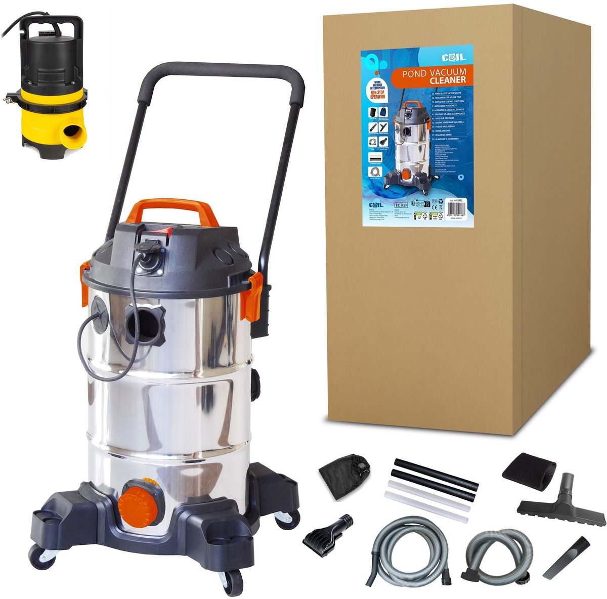 COIL Vijverstofzuiger - Zwembadstofzuiger 35 l - + Afvoerpomp 600W - Continue bedrijfsmodus - Stofzuiger met accessoires - 1400 W - Zilver