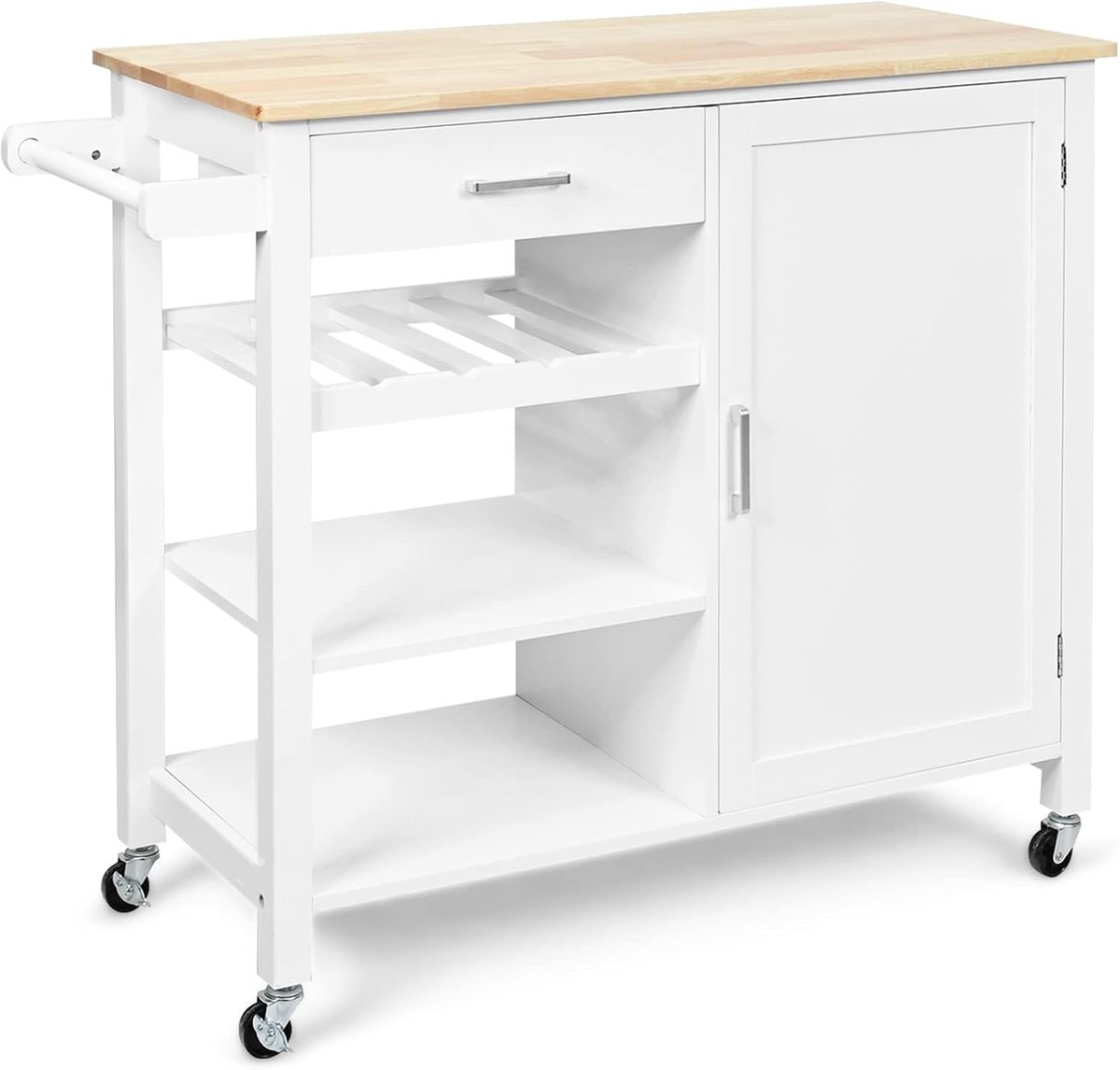 Keukentrolley op Wielen met Wijnrek en Verstelbare Planken – 2 Vergrendelbare Wielen, Uittrekbare Lade, Magnetische Kast & Handdoekenrek – Multifunctioneel Keuken Eiland & Serveertrolley – Mobili Bella