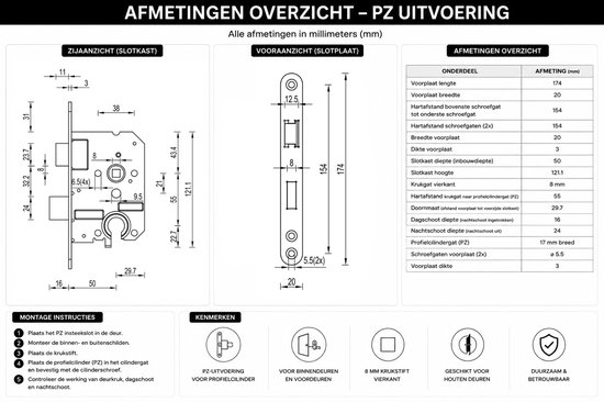 Technische tekening met afmetingen van een insteekslot PZ 55 mm met rvs voorplaat, dag- en nachtschoot.