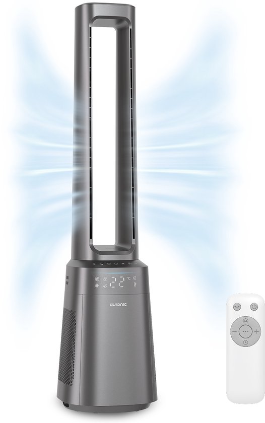 Grijze torenventilator met witte afstandsbediening en blauwe luchtstromen.