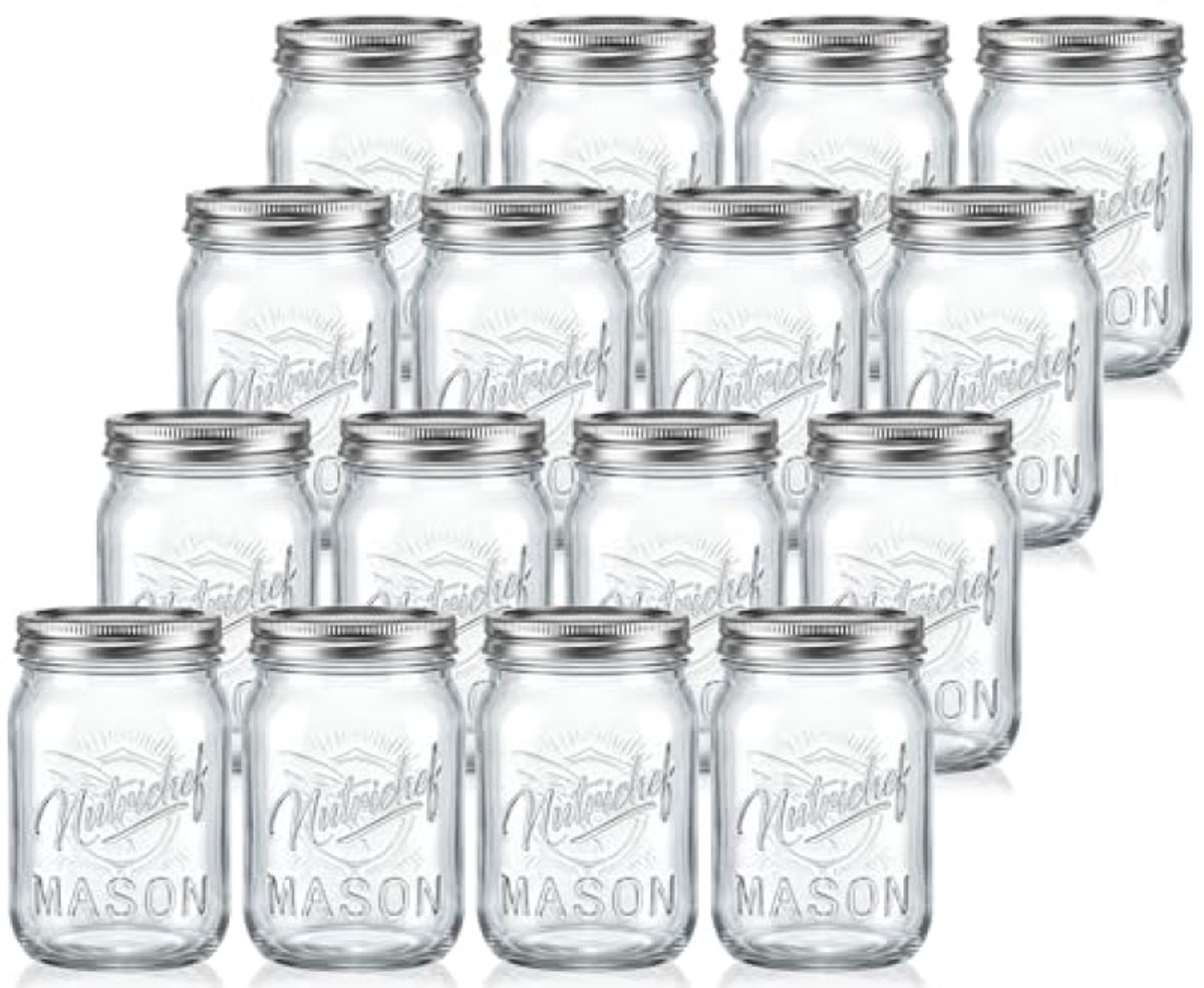 PromoHome Mason Potten met Deksel 16-delig - 16oz Glazen Potten met Luchtdichte Deksel - Ideaal voor Maaltijdvoorbereiding, Jam, Honing, Kaarsen, Knutselen