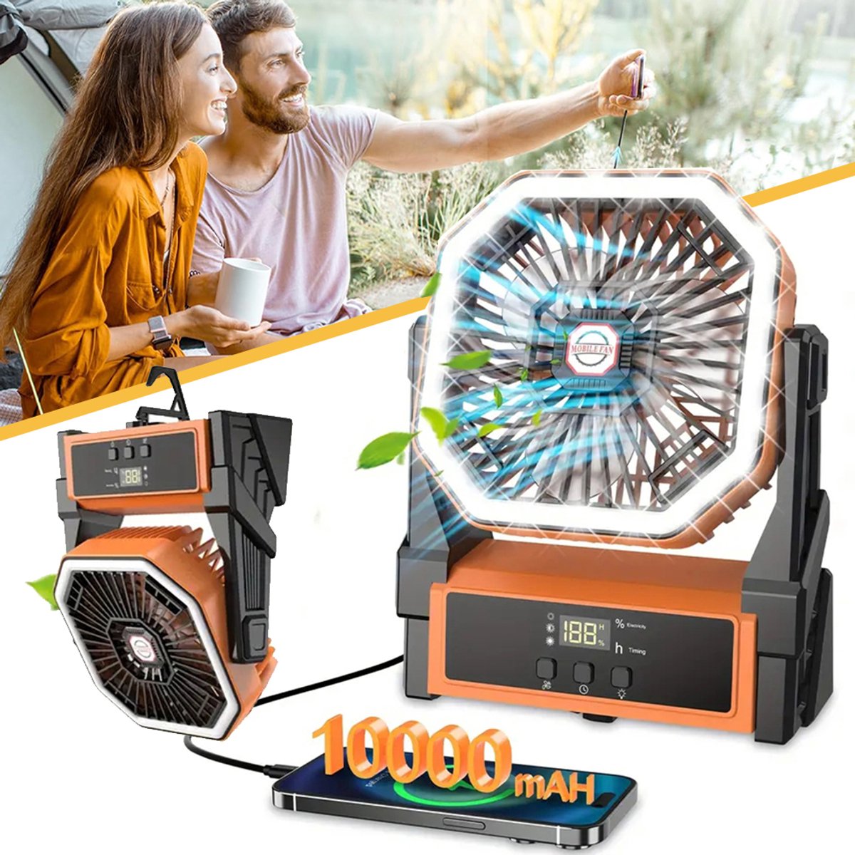 10000mah Draagbare Campingventilator - Ventilator Op Oplaadbare Batterij - Usb-Tafelventilator Met 4 Snelheden En Led-Verlichting - Tentventilatoren