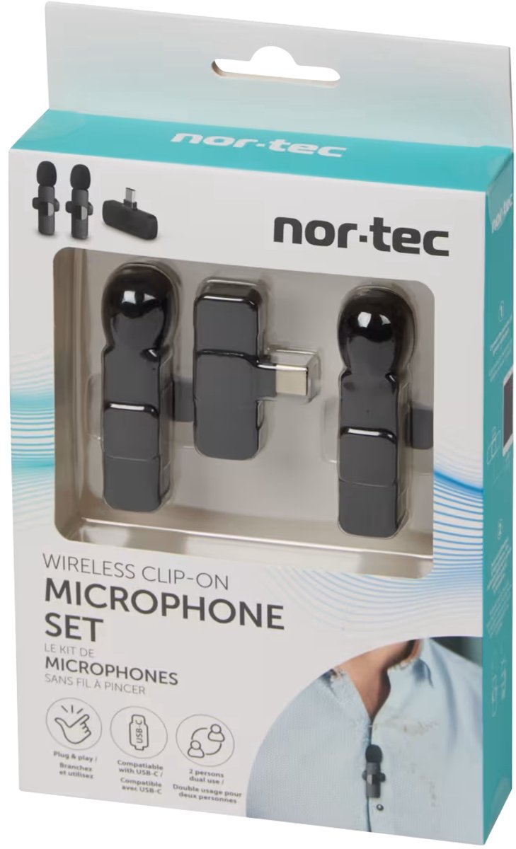 Nor-Tec Draadloze Clip-on Microfoons – Lavalier Microfoon Set – 2 Stuks – USB-C – Plug & Play – Voor Smartphone, TikTok, YouTube & Podcasts