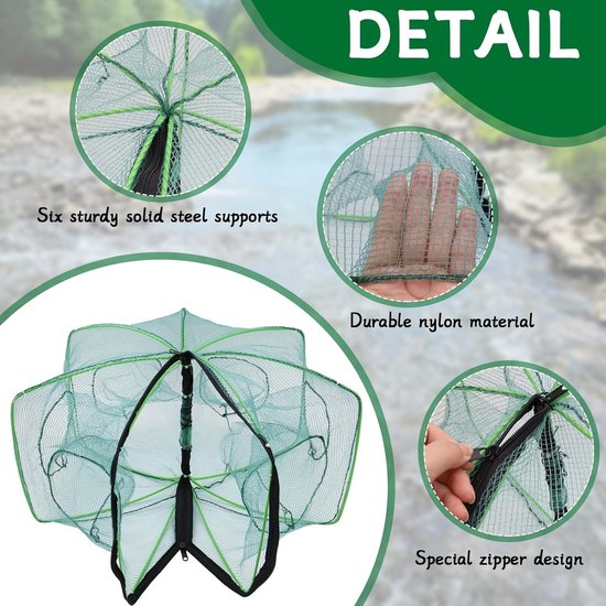 Visval 6 gaten - Opvouwbare aasval - Aas vangen - Versterkt nylon materiaal - 32 x 29 cm - Groen — afbeelding 2