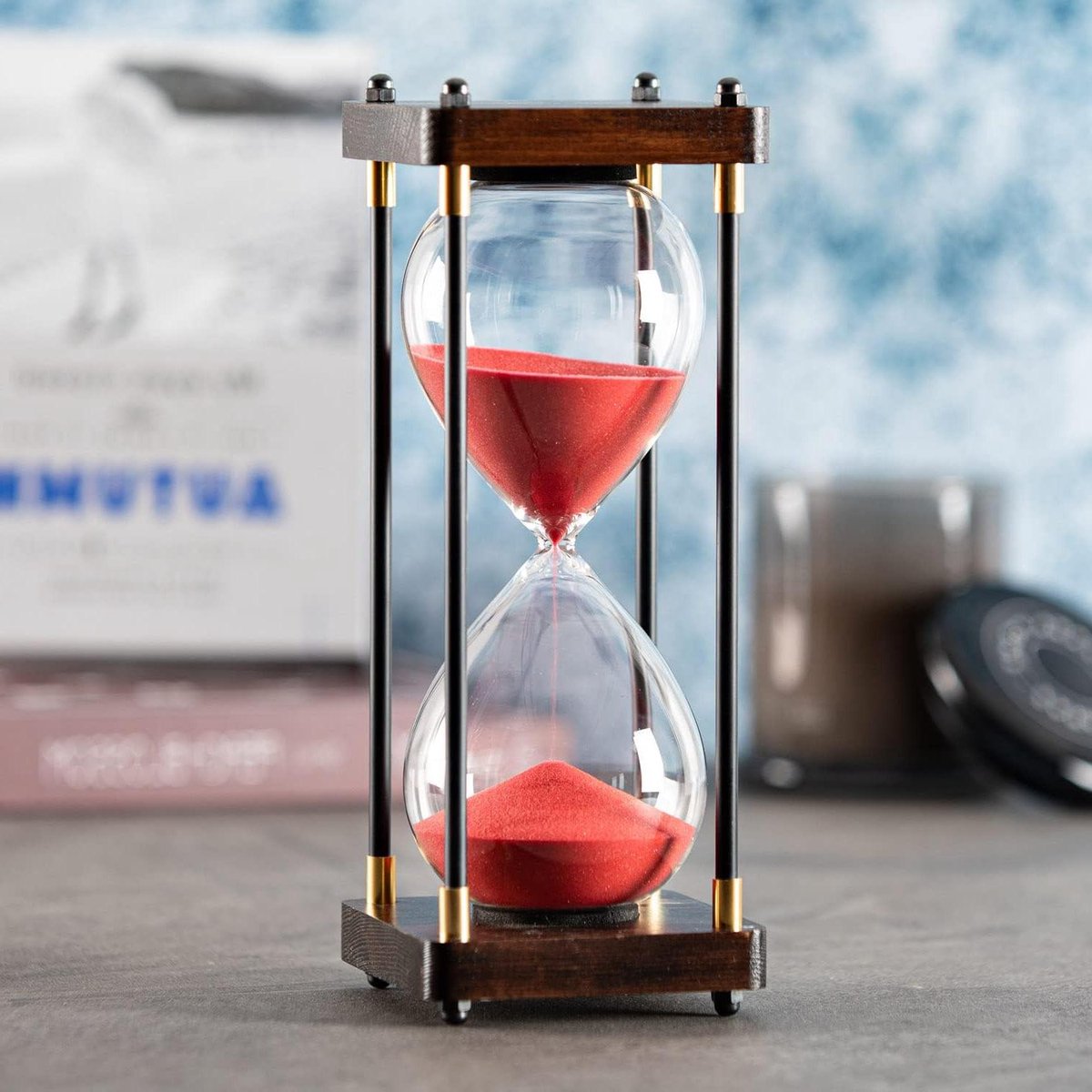 Grote zandloper - Decoratieve timer - Keuken koken - Houten frame - 60 minuten - Rood zand