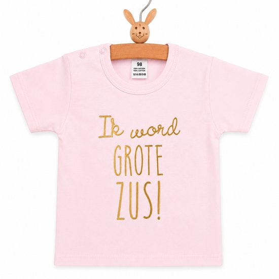 Shirt Ik word grote zus | korte mouw T-Shirt | roze met goud | maat 98 |big sis sister zwangerschap aankondiging bekendmaking big sis sister