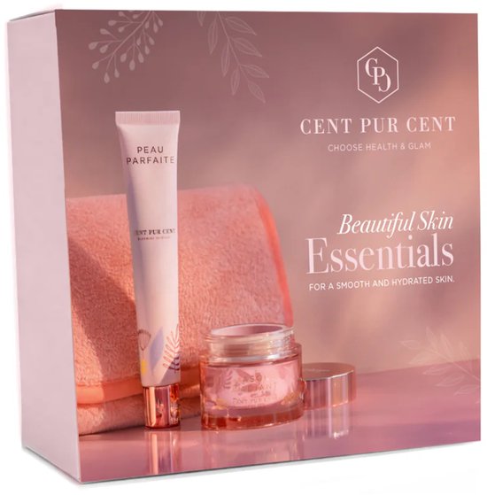 Cent Pur Cent geschenkdoos 'Beautiful Skin Essentials' met een roze crèmebuis, een potje crème en een roze handdoek.