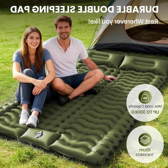 Dubbele Campingmat - Slaapmat Outdoor - Kamperen en Reizen - Zelfopblazend met Kussen - 200x140x10 cm - Olijfgroen — afbeelding 2