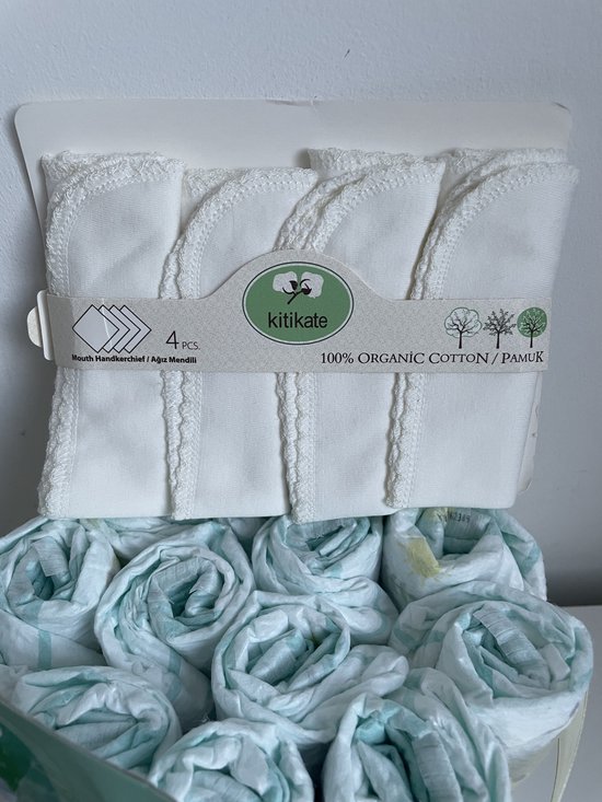 Luiertaart | Handgemaakte bijtring | Knisperkonijn | Koelbijtring | Monddoekjes van organic katoen | Kraamcadeau | Babyshower — afbeelding 2