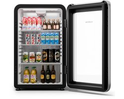 Klarstein Drankkoeler Audrey Evo Drankenkoelkast Met Glazen Deur - 95L Mini-Koelkast, retro-design, Dubbel glas, LED-Verlichting, 0-10 °C, Energieklasse C, Zilver - Drankkoelkast - voor Bar - Thermostaat Verstelbaar Compact