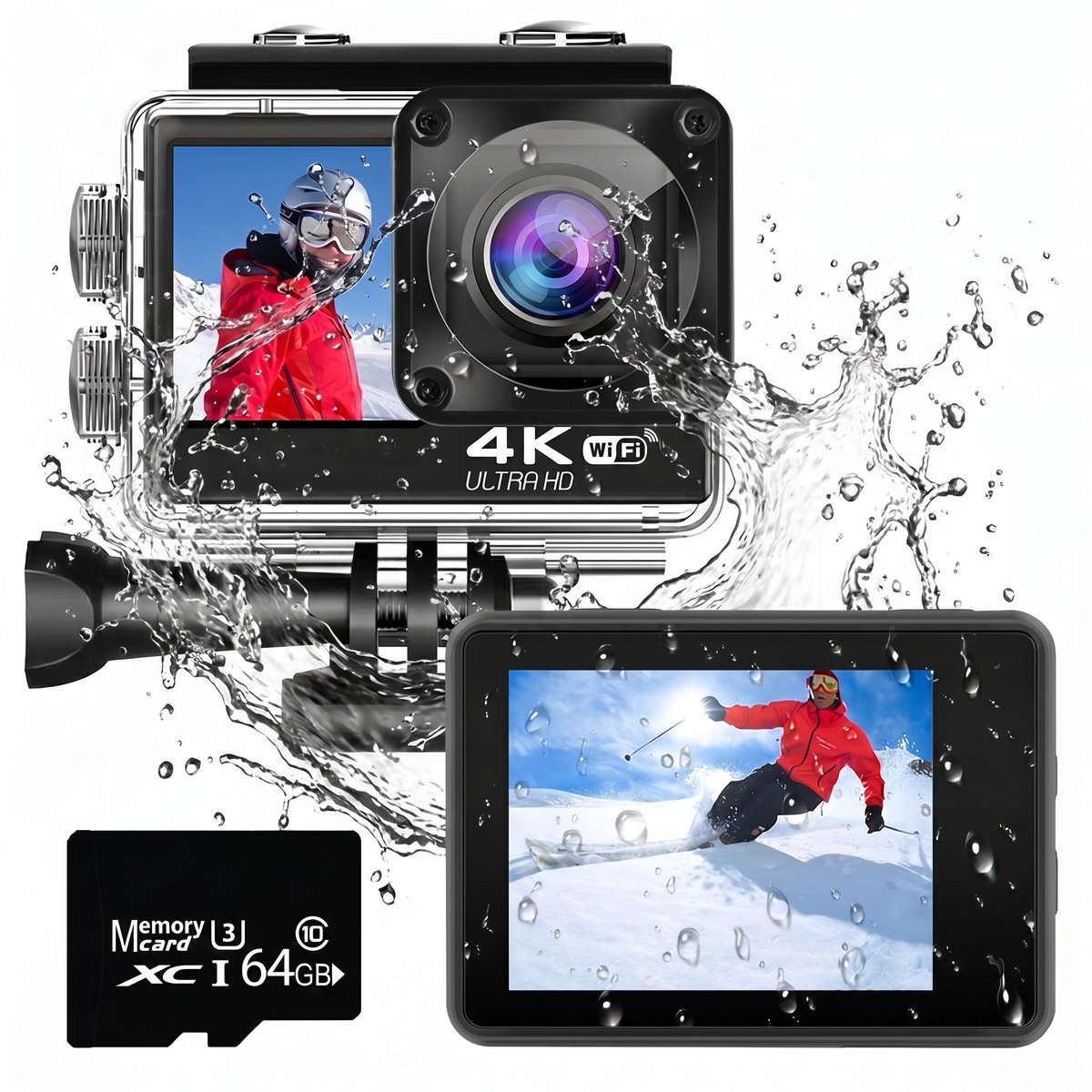 Sogiol® Action Camera - 4K 24MP - 60FPS / 30M Waterdicht / WiFi - Touchscreen - Onderwatercamera - Foto & Video - EIS Stabilisatie - Inclusief Accessoires - Externe Microfoon - 64GB SD - Zwart