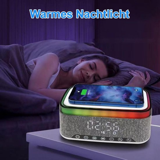 Bluetooth-luidspreker, digitale radio-wekker met oplaadstation, 15W snellader, Bluetooth-luidspreker, LED-verlichting, USB-oplader, FM-radio — afbeelding 2