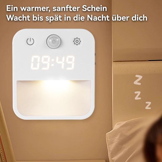 LED-nachtlampje met klok, bewegingssensor, wit/warm licht, dimbaar, stekker en lichtsensor; geschikt voor trappen en slaapkamers. — afbeelding 4