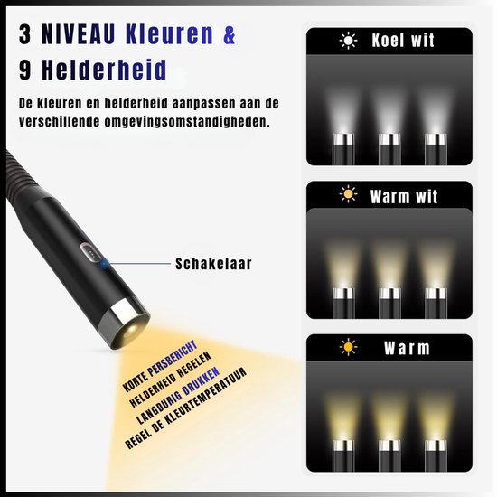 TIM®Nekleeslamp - Leeslampje voor Boek - Neklamp met 3 Lichtstanden - LED Verlicht - 3 Kleuren - Extra Licht - Zwart - 2cm x 20cm x 25cm — afbeelding 2
