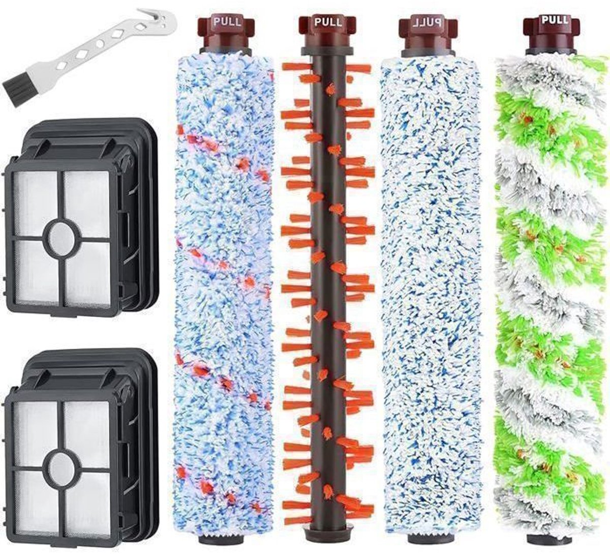 Een 7-delige vervangingsset Geschikt voor Bissell Crosswave stofzuigers uit de series 2225, 1866, 2052, 1713 en 1785, inclusief 4 rolborstels, 2 filters en 1 kleine borstel.