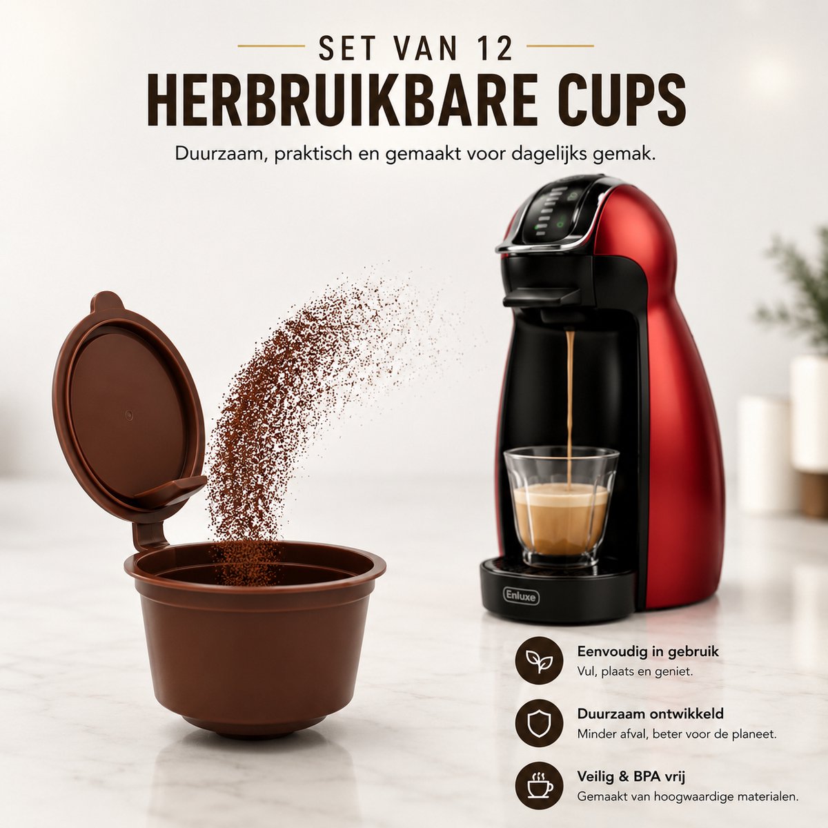 Enluxe Hervulbare Dolce Gusto Koffiecapsules – Set van 10 + Glijdende Koffieschep – Herbruikbare Cups – Duurzaam & Vaatwasserbestendig — cadeau in Kookcadeaus - foto 3