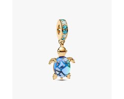 Fler® | Bedel | Past op populaire bedelarmbanden (standaard - 3mm) | Goudkleurige Zeeschildpad Bedel | Hangbedel Charm | 925 sterling zilver | Blauwe & transparante zirkonia | Valentijnsdag Cadeau | Sinterklaas kado | Kerstcadeau |Verjaardagsgeschenk