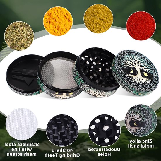 Grote 63 mm Kruidengrinder met Scraper en Plastic Borstel, 4-laags Pollenmolen voor Specerijen, Duurzaam Metaalontwerp met Boommotief — afbeelding 3