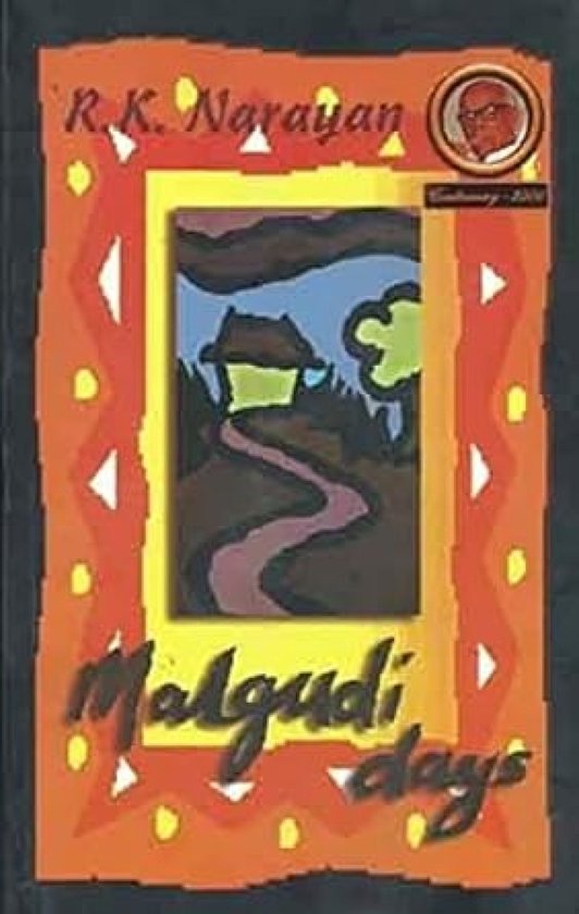 Boekomslag van Malgudi Days met R.K. Narayan's portret, geschreven in oranje letters.