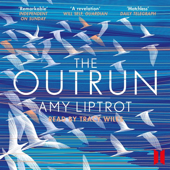 Couverture du livre 'The Outrun' par Amy Liptrot, avec une illustration d'oiseaux blancs sur un fond bleu rayé.