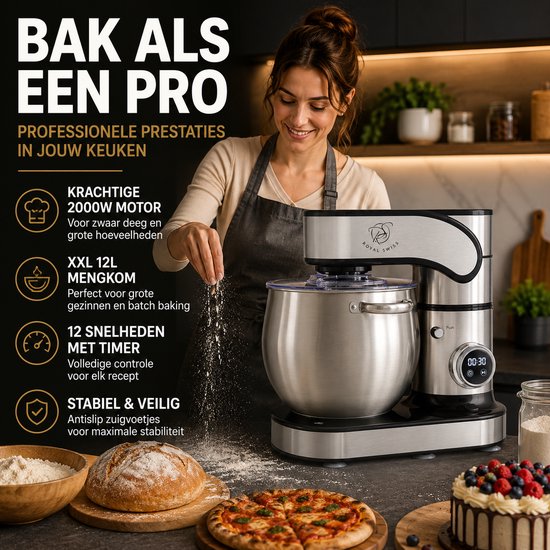 Royal Swiss® Keukenmachine 12L - Krachtige Planetaire Mixer 2000W - 12 Snelheden - Deegkneder, Klopper & Garde - RVS Mengkom - Model SC-603E van Royal Swiss — afbeelding 2