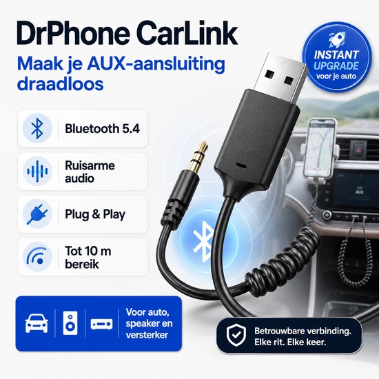 DrPhone CarLink Bluetooth 5.4 AUX Ontvanger - USB naar 3.5mm Jack Audio Adapter voor Auto en Speaker van DrPhone — afbeelding 2