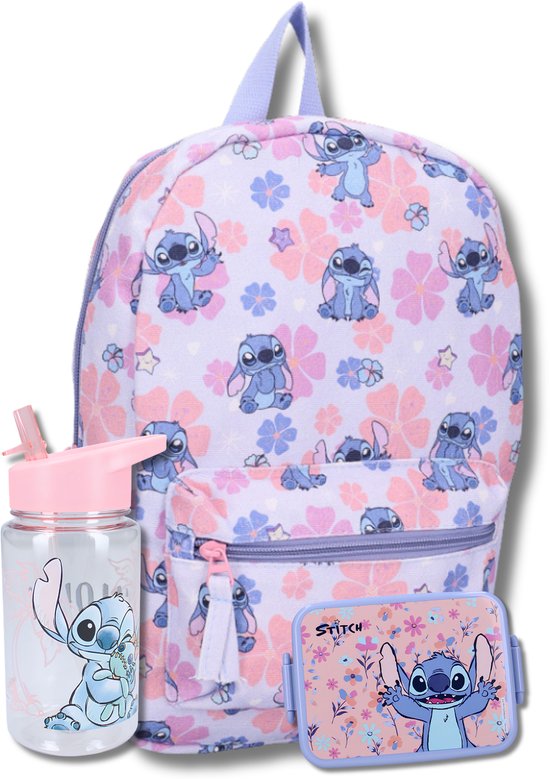 Stitch 3-Delige Schoolset – Rugtas, Lunchbox & Drinkbeker – Roze Paarse Schooltas Set