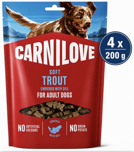 Carnilove soft snack voor volwassen honden, met forel en dille. Verpakking met 4x200g zakjes.