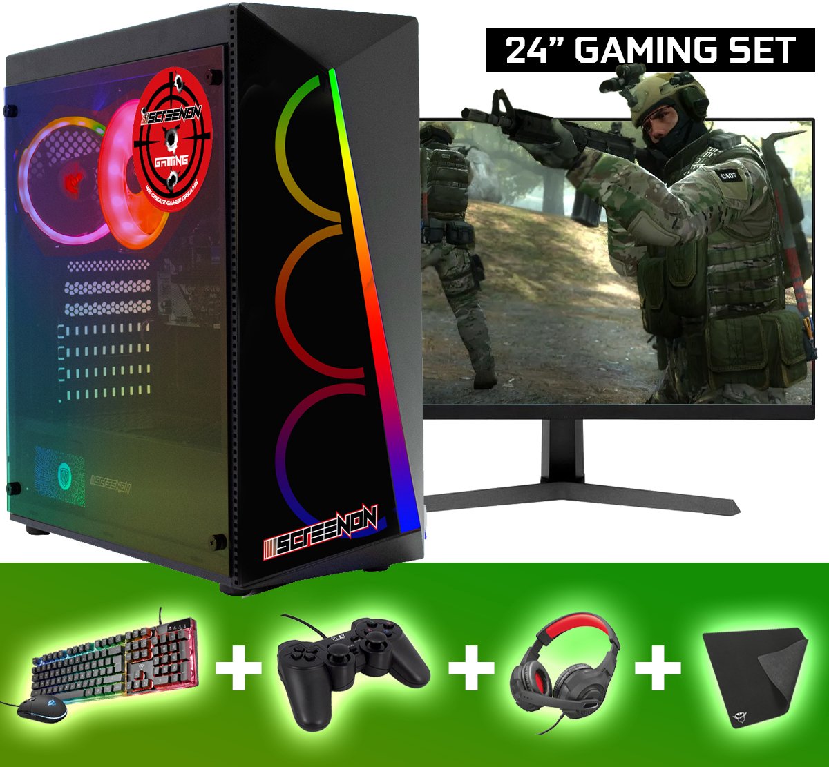 Bol.com ScreenON - Gaming Set - P3 (GamePC + 24 Inch Monitor + Toetsenbord + Muis) + WiFi & Bluetooth aanbieding