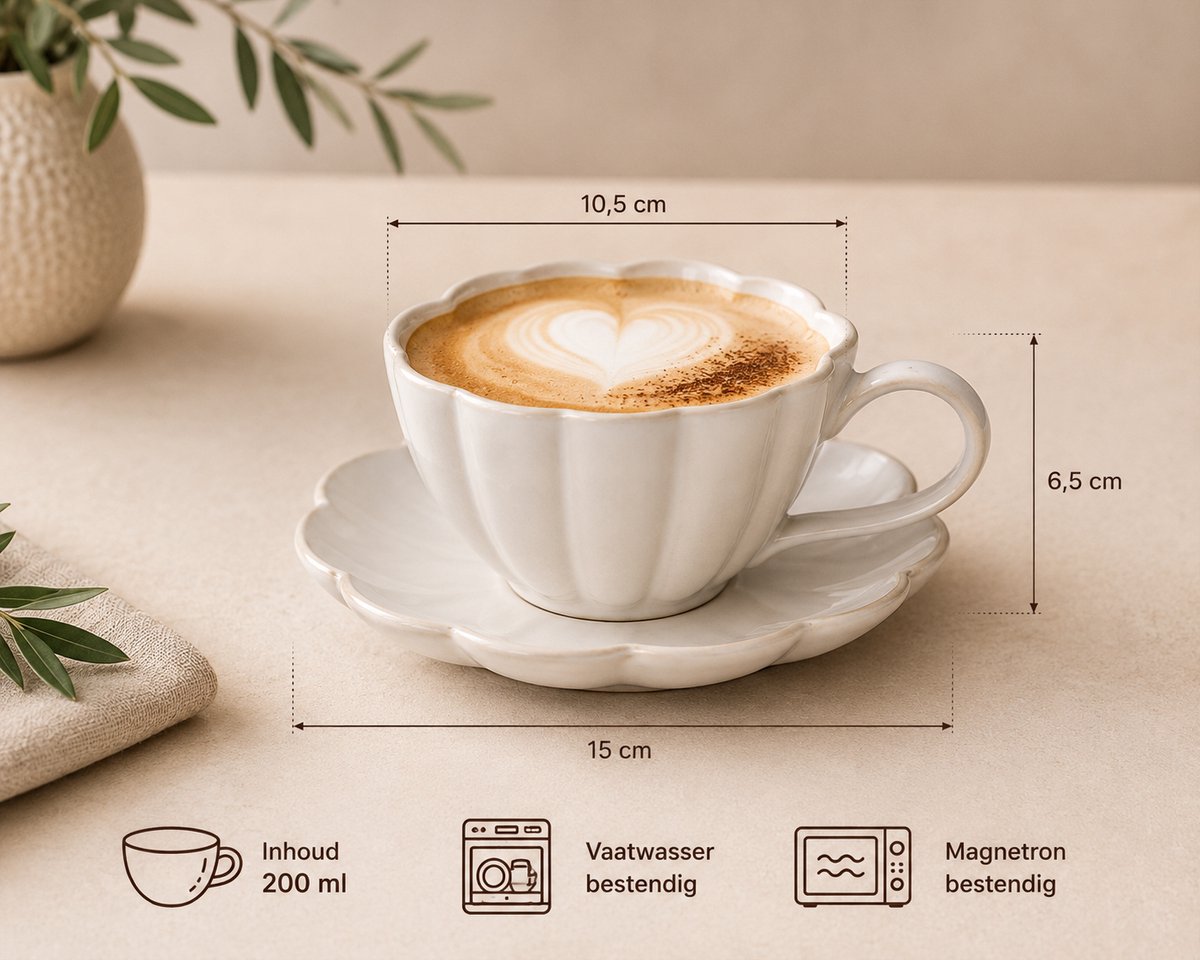 Schäfer Koffie- en Cappuccinoset met vintage look – 12 Delig – 6 Kopjes met 6 Onder­tellers – 200 ml – Nostalgia Serie – Keramisch