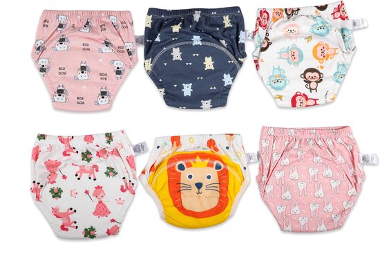 Zes oefenbroekjes met prints van honden, beren, apen, prinsessen, leeuwen en tanden.