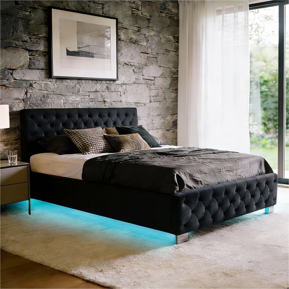 tectake® Gestoffeerd bed met lattenbodem - 120 x 200 cm - Fluweellook Zwart - Twijfelaar -