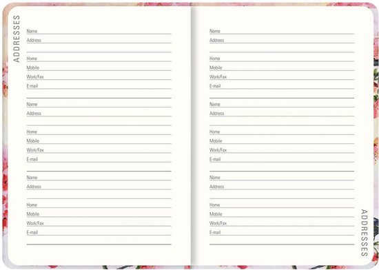 Binnenkant van de agenda met sectie 'Adressen' op beide pagina's, met een bloemenrand.