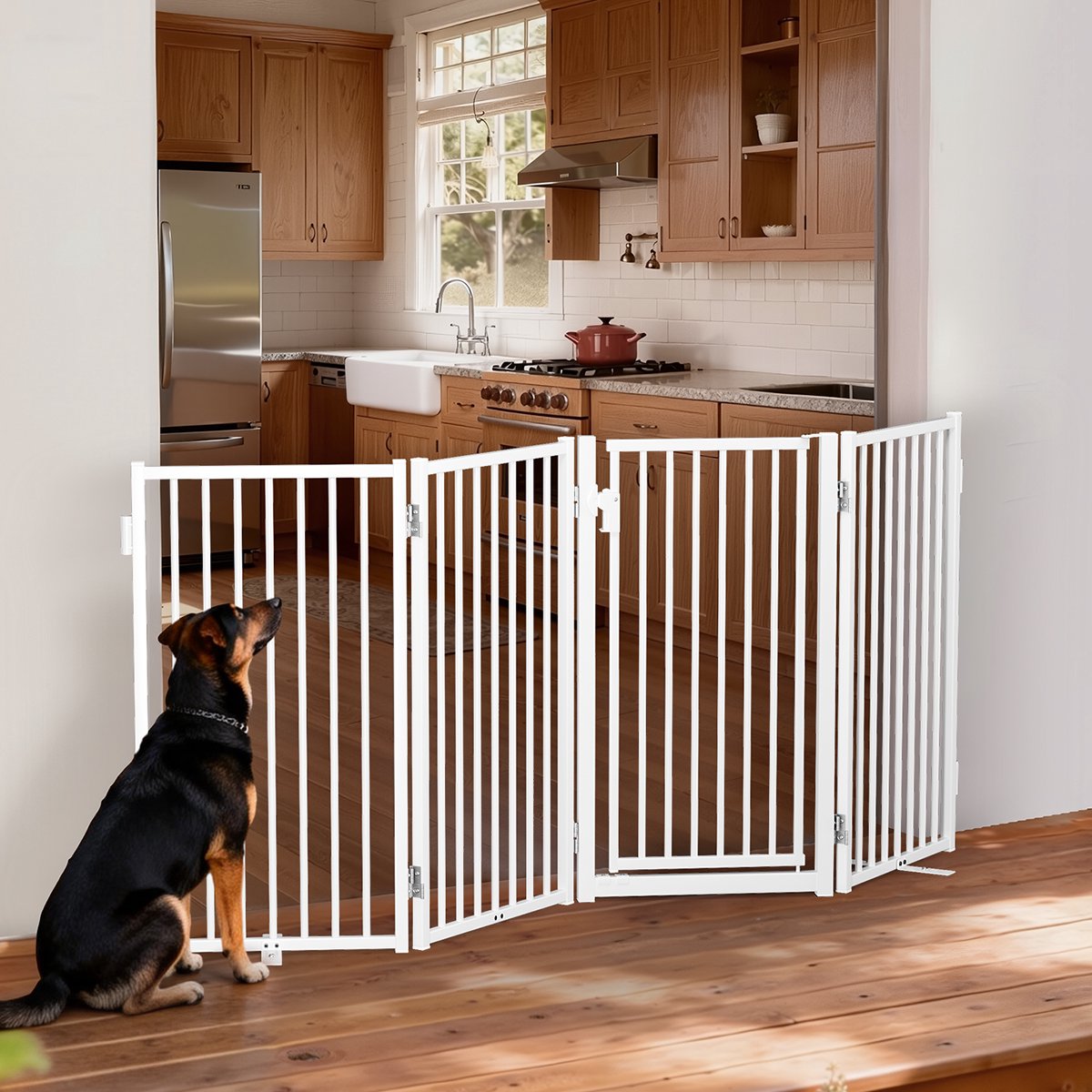 COMOMY Vrijstaand Metalen Hondenhek met Deur – Extra Breed 203 cm – 81 cm Hoog – 4 Panelen – Veiligheidshekje voor Honden Binnen & Buiten – Wit
