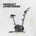 Zwarte hometrainer met afmetingen 99 cm breed en 125 cm hoog.