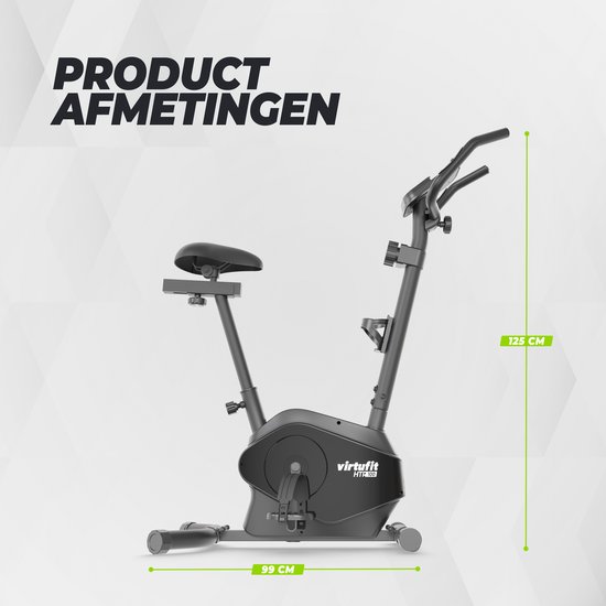 Zwarte hometrainer met afmetingen 99 cm breed en 125 cm hoog.
