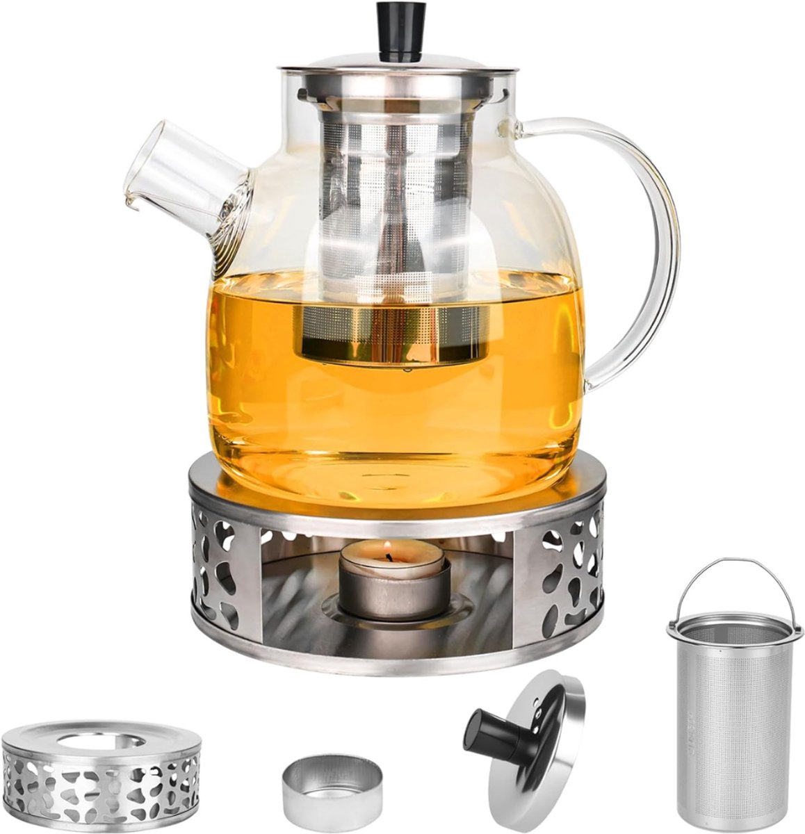 HEZIVO® Theepot met Warmhouder - Glazen Theekan met Filter - 1500 ml